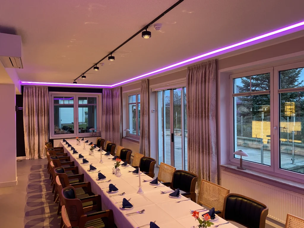 Professionelle Lichtplanung im Saal Anklamer Hof mit RGB WW Schienspots und Akzentbeleuchtung