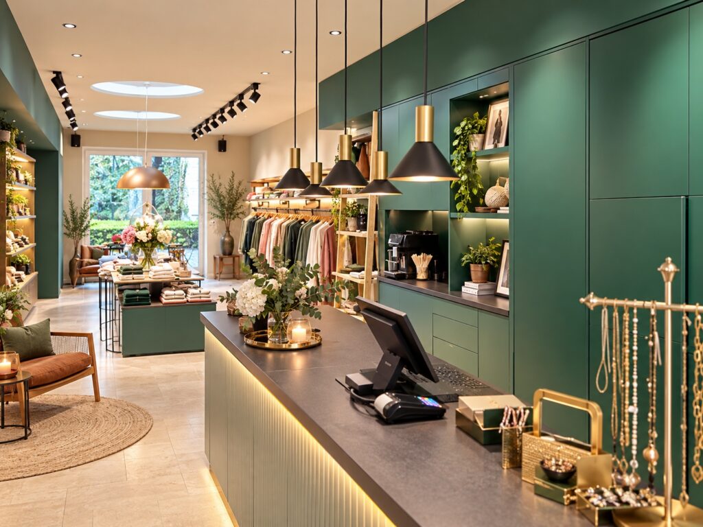 Professionelle Lichtplanung und Shopbeleuchtung für einen modernen Einzelhandel mit Schienenspots und Pendelleuchten