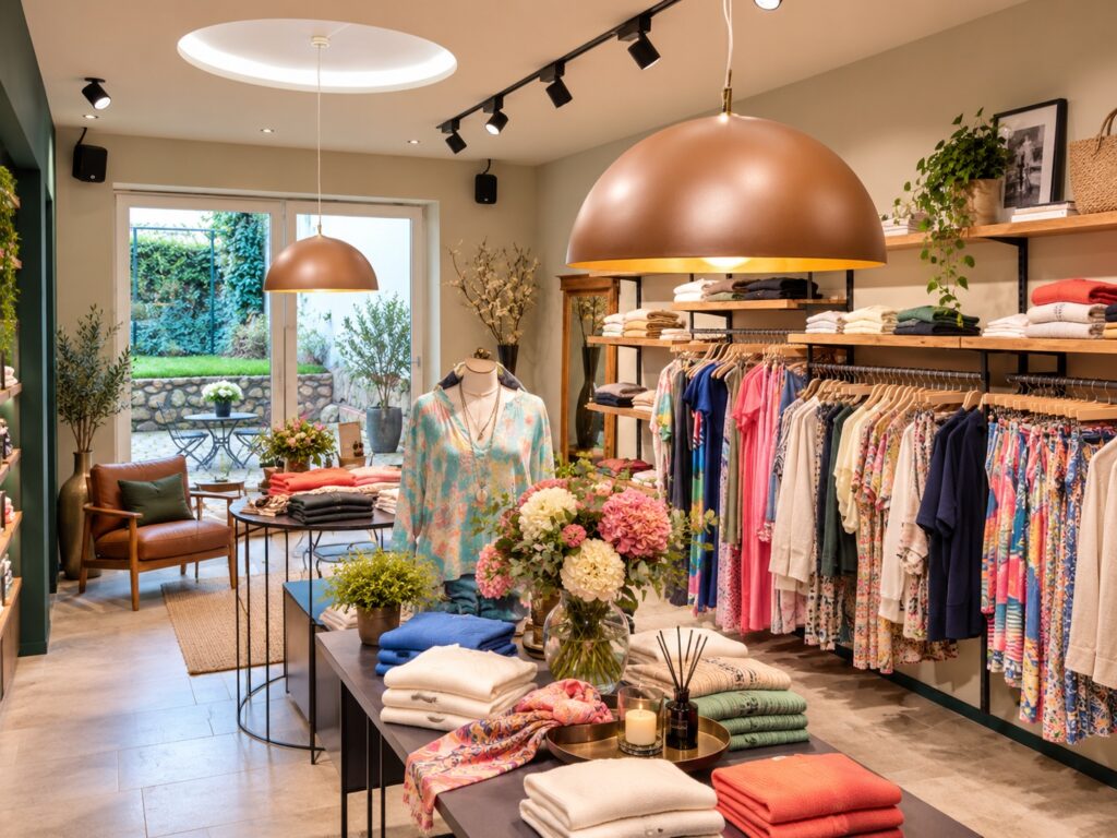 Moderne Shopbeleuchtung im Einzelhandel mit Schienenspots und dekorativen Pendelleuchten