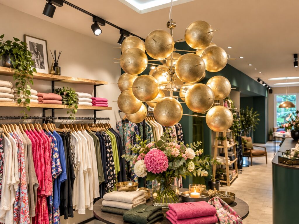 Professionelle Shopbeleuchtung nach Lichtplanung - warmes Akzentlicht mit Schienenstrahlern im Verkaufsraum