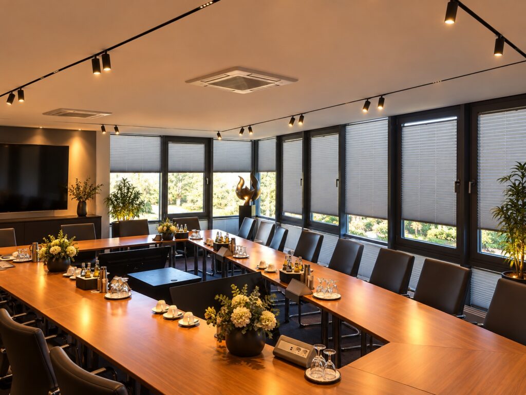 Moderner Konferenzraum mit professioneller Lichtplanung und schwarzem Schienensystem
