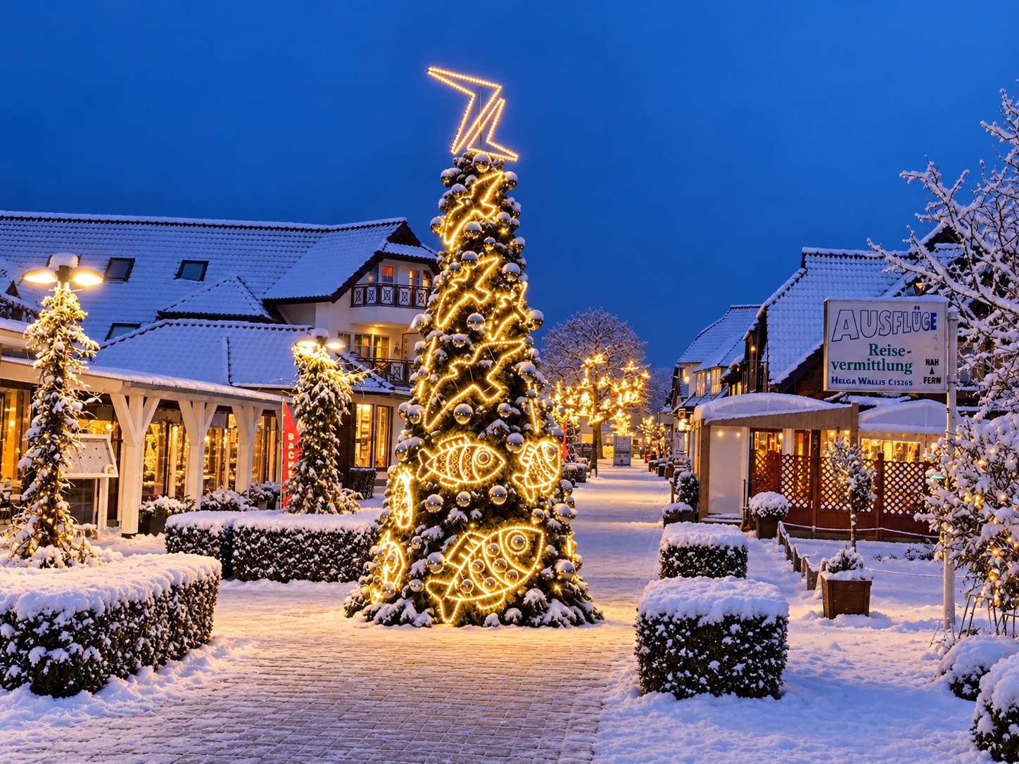 Festliche Weihnachtsbeleuchtung mit individuell gestalteter Weihnachtstanne in Zingst an der Ostsee