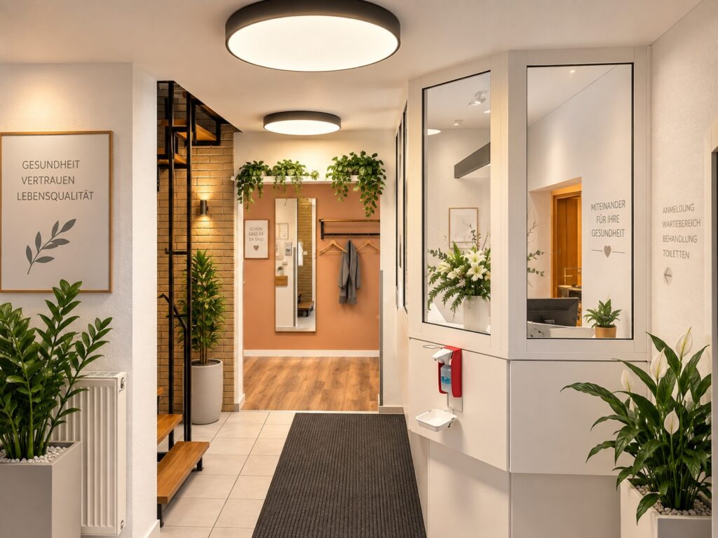 Moderner Eingangsbereich einer Praxis mit professioneller Lichtplanung und warmweißer Beleuchtung